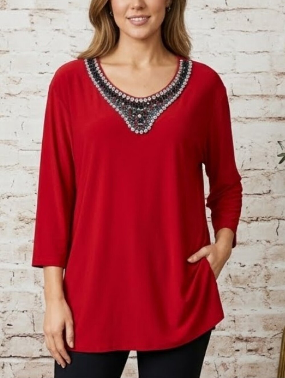 Shannon Ford New York Embellished Neckline Red Women's Tunic Top